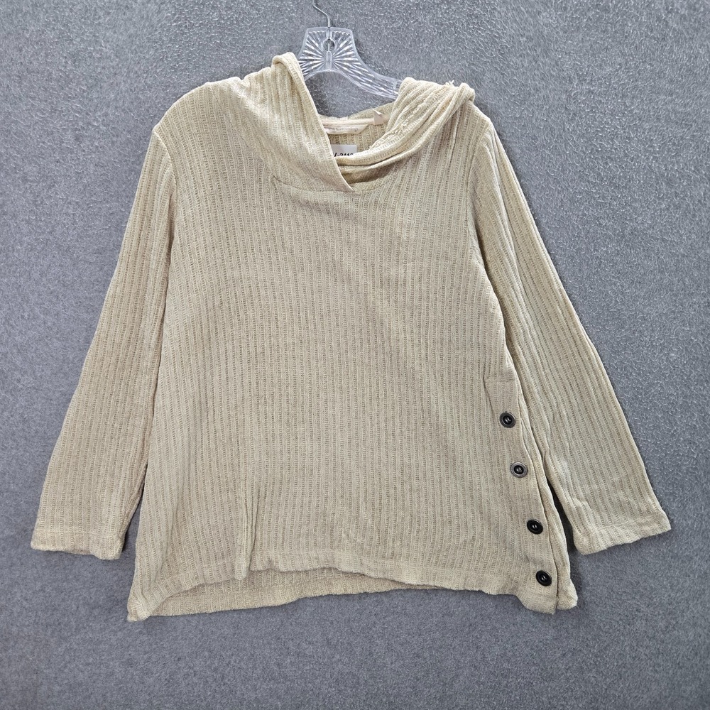 Soft Surroundings Women Sweater Medium Beige Ribbed Knit Hoodie Pullover